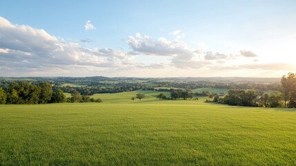 Obraz premium Rolling hills sunset landscape, idyllic farmland scenery, peaceful rural view, perfect for travel brochures
