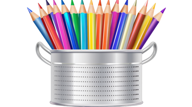 Colorful pencils standing in metal pot on transparent background