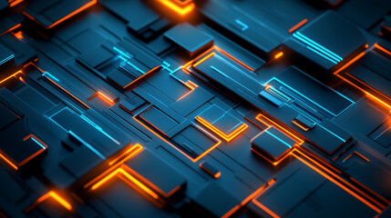 3d render, abstract geometric background illuminated with blue orange neon light. Glowing wavy line. Futuristic minimal wallpaper