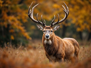 Stag stands alert in a forest during autumn season with orange leaves