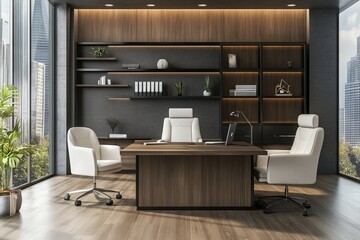 Modern CEO Office Interior with Wooden Desk and City View - AI generated illustration