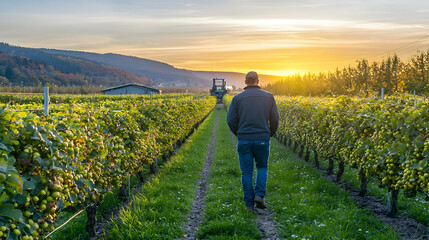 Farmer walking vineyard sunset