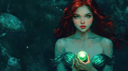Printed kitchen splashbacks A mystical mermaid holding a glowing pearl, surrounded by an enchanting underwater world.
