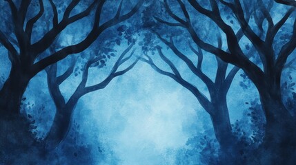 A mystical forest scene with dark branches silhouetted against a soft blue mist, evoking a sense of mystery and calm.