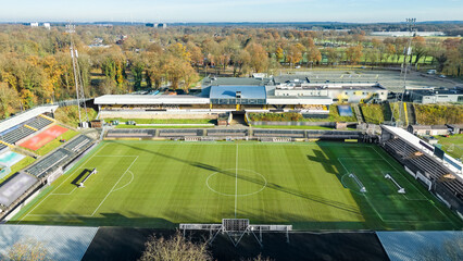 Aerial drone view of soccer football field from above, sports ground for soccer and outdoor team games