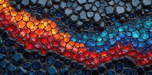 intricate mosaics made from volcanic glass and lava, art, mosaic, volcanic rocks