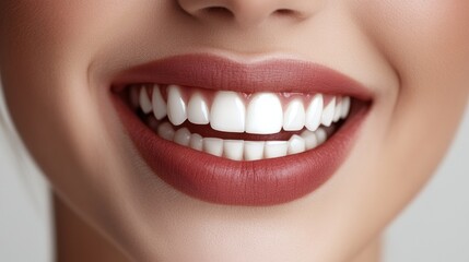 Obraz premium Close-up of a woman smiling, showcasing perfect teeth and lips
