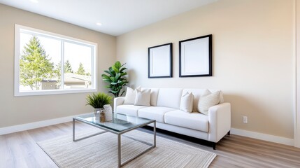 Fototapeta premium Modern Living Room with White Sofa and Minimalist Decor Elements