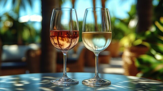 Ros? and white wine glasses on patio, tropical background, summer drinks