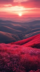 Crimson Sunset Over Rolling Hills