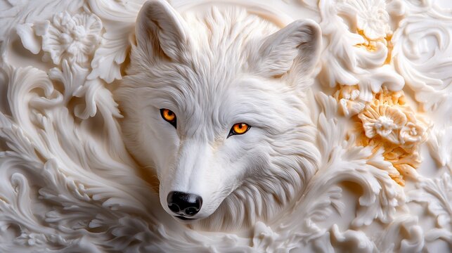 Fototapeta Majestic White Wolf Carving: A Masterpiece of Intricate Detail
