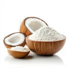 Freshly Shredded Coconut Flakes Piled in a Wooden Bowl with Whole Coconuts on an Elegant Background