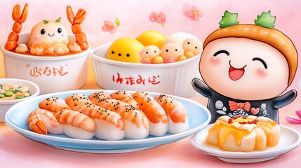 Colorful Cartoon Sushi and Dim Sum Display in Cute Style
