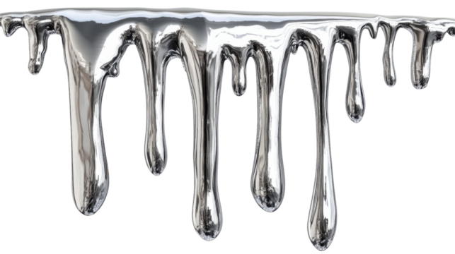 Liquid silver metal dripping down with transparent background