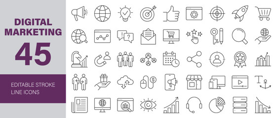 Digital Marketing Line Editable Icons set. Vector illustration for web and mobile app. Marketing related icons: advertising, ecommerce, seo, content, streaming, website, social media, and more.