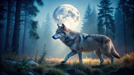 Softly glowing moonlight illuminates the wolf's fur as it runs through a dense forest at dusk, wild life photography, fauna, wolves, moonlight, forest