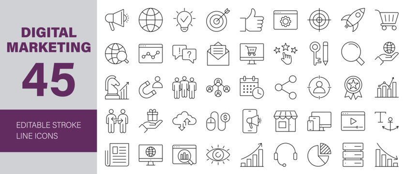 Digital Marketing Line Editable Icons set. Vector illustration for web and mobile app. Marketing related icons: advertising, ecommerce, seo, content, streaming, website, social media, and more.