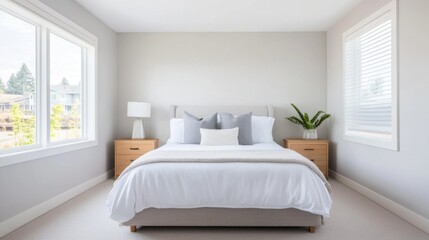 Stylish Modern Bedroom with Bright Light and Elegant Decor Featuring a Comfortable Bed and Minimalist Furniture