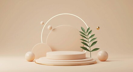 Abstract arrangement of geometric forms and cosmetic bottles in pastel hues, ideal for beauty or skincare product photography