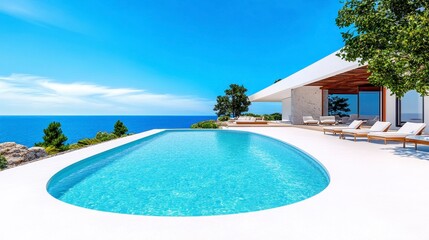 Fototapeta premium Modern Luxury Villa with Infinity Pool Overlooking Ocean View