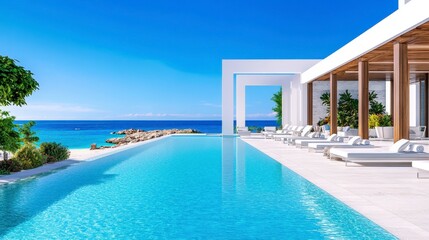 Fototapeta premium Modern Luxury Poolside View at Beachfront Villa with Blue Sky