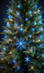 Fototapeta premium Sparkling blue snowflakes on a luxurious Christmas tree, shining ornaments, luxurious Christmas tree decoration