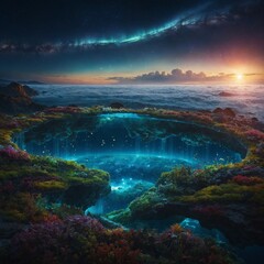 A panoramic dreamscape of levitating gardens, a glowing ocean, and celestial auroras, floating in an infinite void of pure energy.