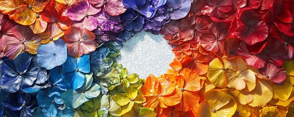A colorful mosaic of vibrant petals arranged in a circle representing the global unity and collective strength of women coming together to create lasting change