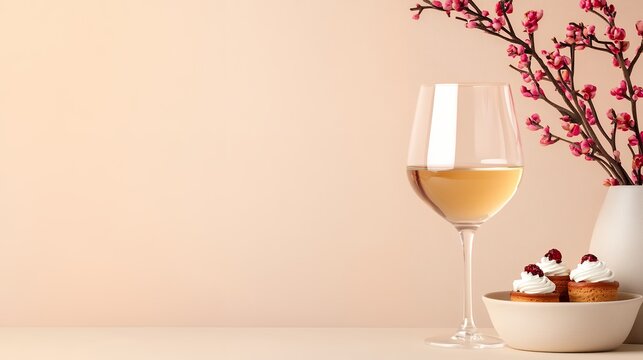 Elegant White Wine Glass with Cupcakes and Cherry Blossoms Decor