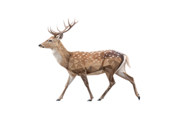 A spotted polygonal deer, delicately walking, blending geometric shapes with the beauty of natural wildlife, isolated on a transparent background