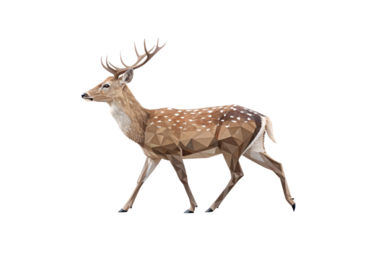 A spotted polygonal deer, delicately walking, blending geometric shapes with the beauty of natural wildlife, isolated on a transparent background