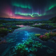 Obraz premium A utopian celestial landscape with floating gardens, a glowing sea, and divine energy auroras shifting like cosmic tides.