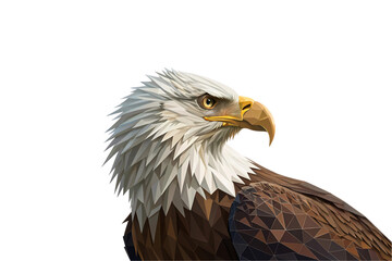 Fototapeta premium Close-up of a geometric eagle’s head. Striking yellow beak contrasts its white feathers, with angular details emphasizing fierce intensity and grace, isolated on a transparent background