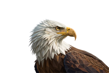 Close-up of a geometric eagle’s head. Striking yellow beak contrasts its white feathers, with angular details emphasizing fierce intensity and grace, isolated on a transparent background