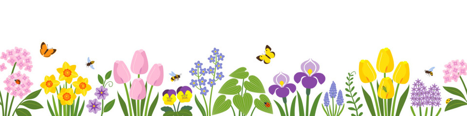 Vector seamless border of colorful spring garden flowers with insect pollinators on white background.