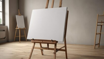 Painting easel with empty canvas ready for artwork, imagination, creativity, art supplies, waiting, artist's corner