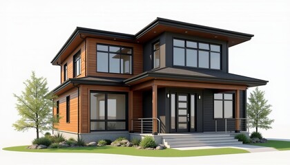 Modern two-story house with wooden facade and expansive windows on a bright background