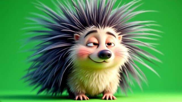 Cute cartoon hedgehog posing, green screen, studio shot, animation