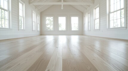 Obraz premium Bright, empty room with wooden floor, high ceiling, and large windows showing trees. Ideal for real estate