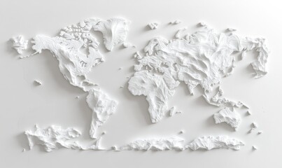 Fototapeta premium A textured, white relief map of the world, showcasing continents and oceans in a minimalist design.