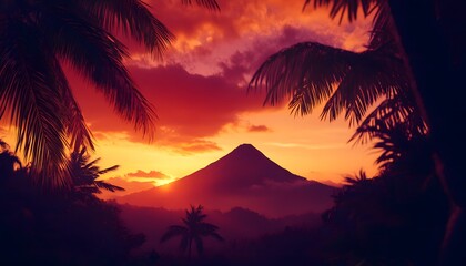 Tropical Sunset Volcano Silhouette Palm Trees