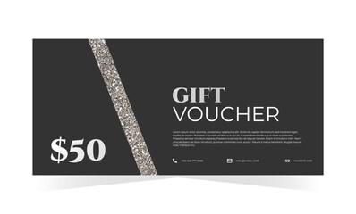 Black gift voucher template with silver element and text. Elegant classic promotion design. Vector illustration for spa, vip, music, luxury, events