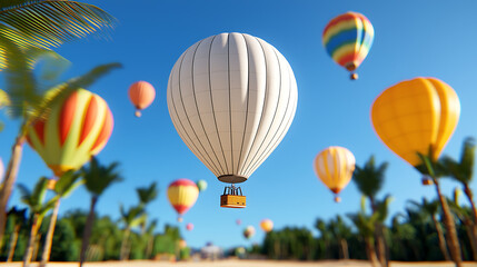 Naklejka premium Tropical Beach Vacation Hot Air Balloon Ride Over Palm Trees