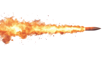 Realistic fire burning rocket flying with transparent background