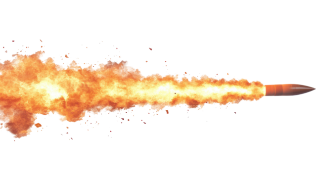 Realistic fire burning rocket flying with transparent background