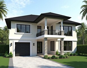 Modern two-story residence with balcony and dark roof set in tropical surroundings