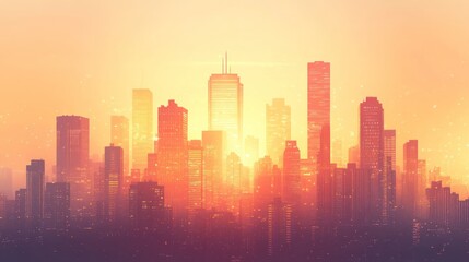 Fototapeta premium Sunset cityscape, urban skyline, glowing buildings, hazy background, promotional use