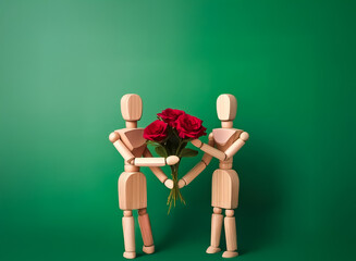 Two wooden figures share a bouquet of red roses against a green backdrop.  A simple yet romantic scene.