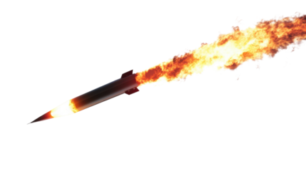 Ballistic missile flying with a trail of fire on transparent background