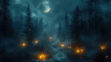 Naklejka premium Enchanted Forest Night: A Mystical Moonlit Path
